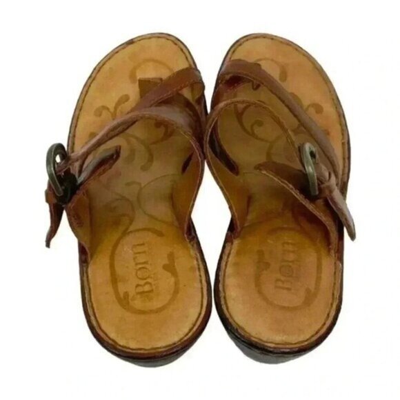 Born Rutina Size 7 Leather Toe Loop Comfort Sandals Slip On Strappy Heels Buckle - Picture 7 of 11